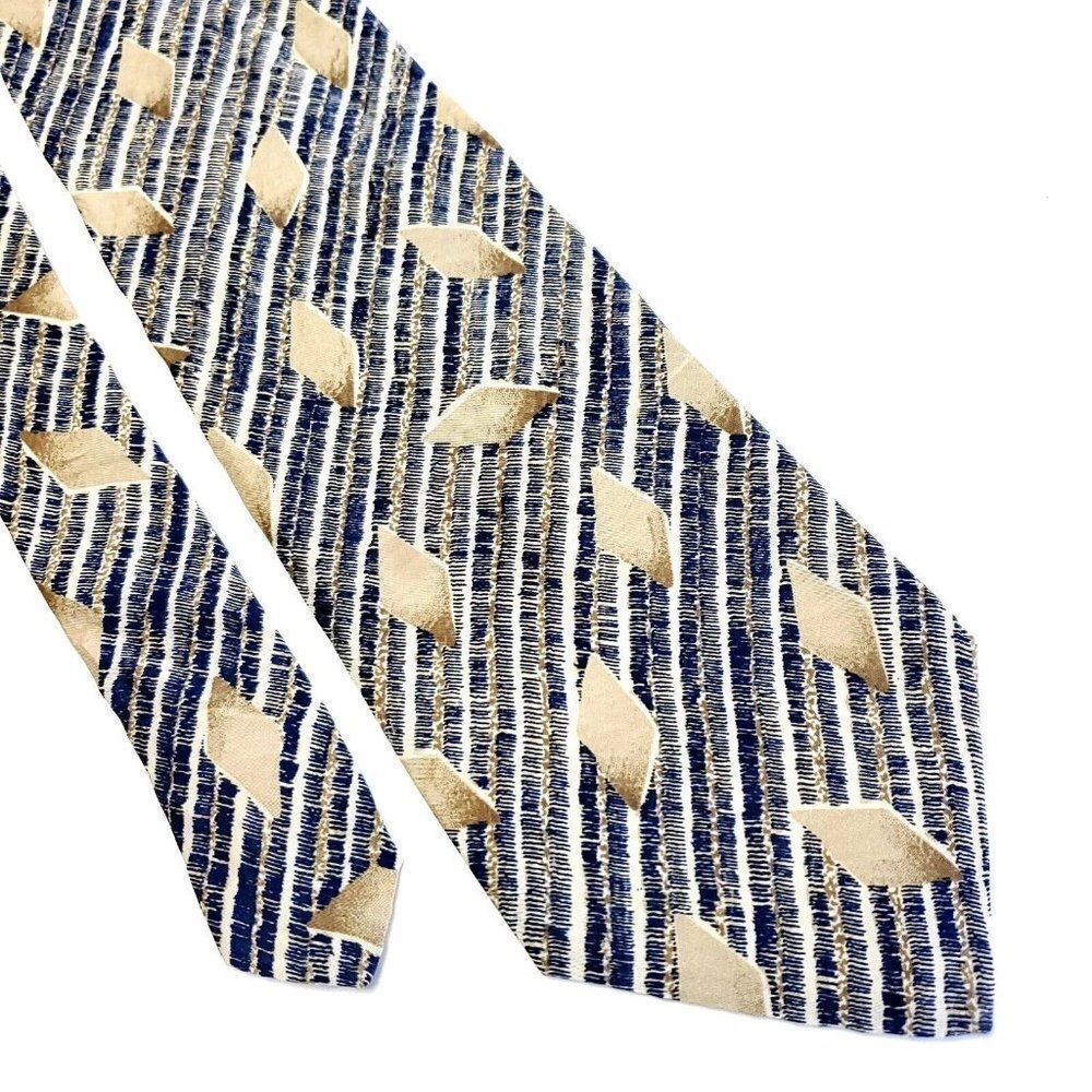 Surrey Blue Tan Striped Abstract Print Short Wide Silk Tie